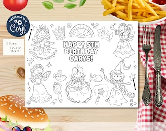 May include: A printable coloring page featuring a princess theme. The page includes a birthday message that says "Happy 5th Birthday Carys!" and several images of princesses, crowns, and other fairy tale elements. The page is designed for children to color.