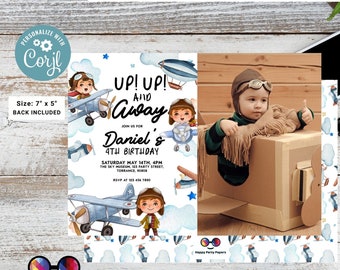 May include: A printable invitation for a 4th birthday party with a blue, white, and red airplane theme. The invitation says "Up! Up! And Away Daniel's 4th Birthday".