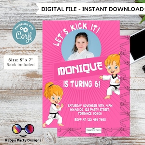 Let&#39;s kick it! Karate Birthday Party Invitation with photo | EDITABLE Martial Arts girl | Karate girls Birthday Invite | Ninja Party #K246
