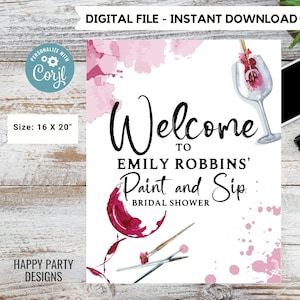 Editable Welcome Sign | paint and sip wine party Welcome Sign | birthday Decorations | Welcome Sign | wine birthday | bridal shower #W7