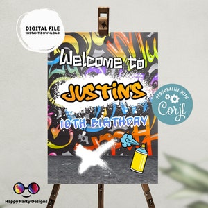 Bearbeitbares Graffiti Willkommensschild | Digitales Graffiti Willkommensschild | Geburtstag Junge | Graffiti Party | Online-#K1 personalisieren