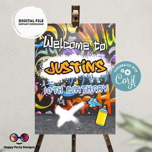 Editable Graffiti Welcome Sign | Digital graffiti printable Welcome sign  | Birthday boy | Graffiti party | Personalize Online #K1