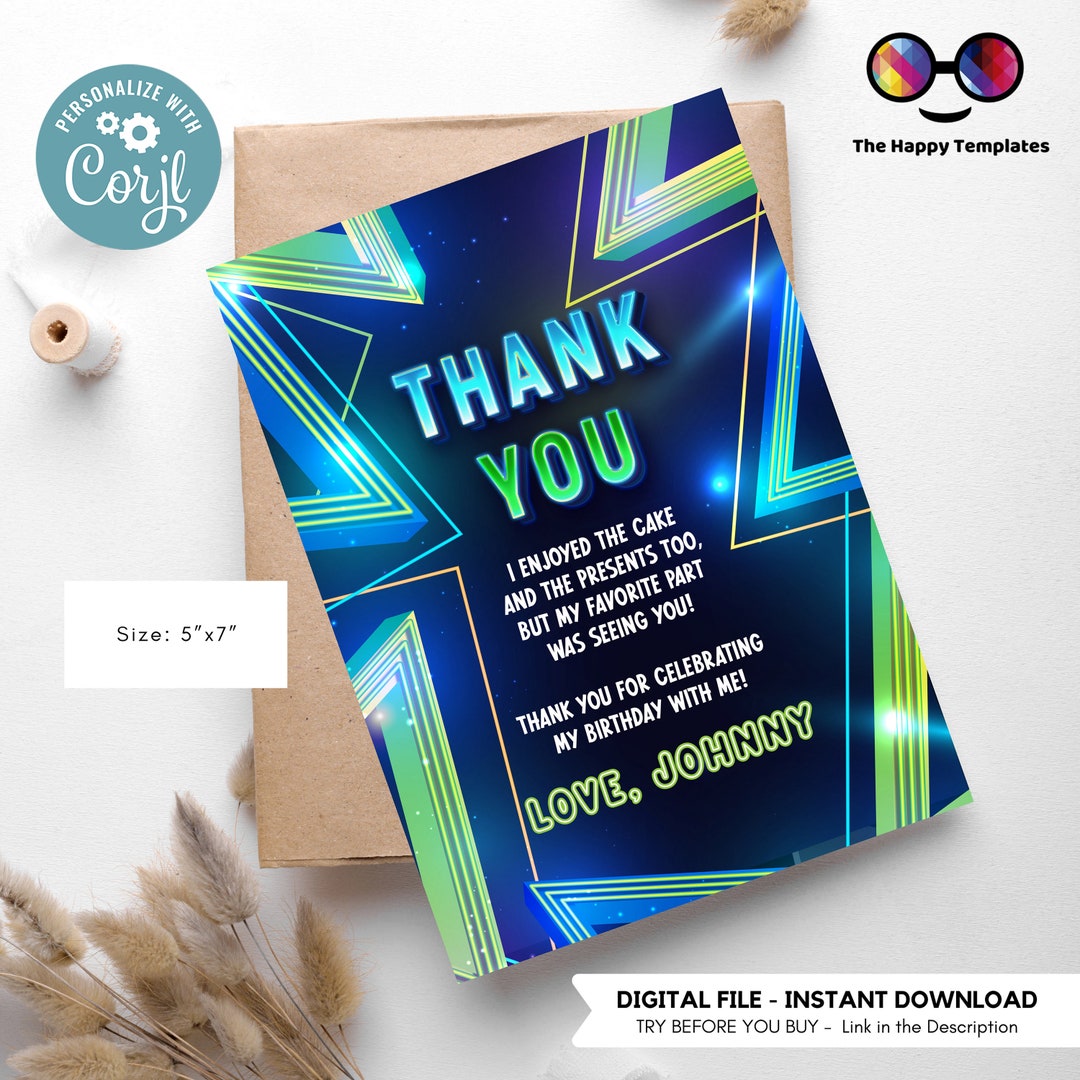 Neon Lights Thank You Card | Neon Glow in the Dark Party | Birthday Boy ...