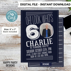 Look who&#39;s 60 Party Invite Printable | 60th birthday | Surprise party | Birthday Invite | Modern 60th Birthday #A20