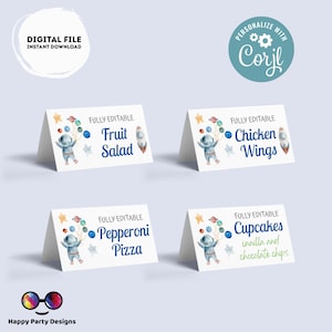 May include: Four printable space-themed food labels with an astronaut holding balloons. The labels are fully editable and feature the following food items: Fruit Salad, Chicken Wings, Pepperoni Pizza, and Cupcakes with vanilla and chocolate chips.