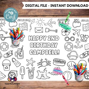May include: A black and white printable coloring page with a summer theme. The page features a variety of images, including a beach umbrella, a life preserver, a crab, a starfish, a hot dog, a seashell, a sandcastle, a watermelon, a lemon, a popsicle, a glass of lemonade, a pair of goggles, a pair of flippers, a bucket and shovel, a camera, a bird, a butterfly, a pair of sunglasses, an anchor, and a plane. The text "HAPPY 2ND BIRTHDAY CAMPBELL!" is written in large letters at the top of the page.