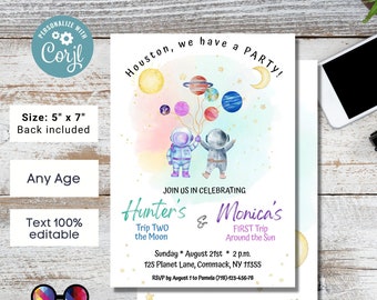 Editable Siblings Outer Space First Birthday Invitation | Galaxy Blast Off First Trip Around the Sun | Space Download Printable Template #K5