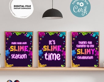 May include: Three printable signs for a slime party. The signs have a purple background with colorful slime dripping down the sides. The text on the signs reads "Make Your Own Slime Station", "It's Slime Time", and "Thanks for coming to my Slimy Celebration".