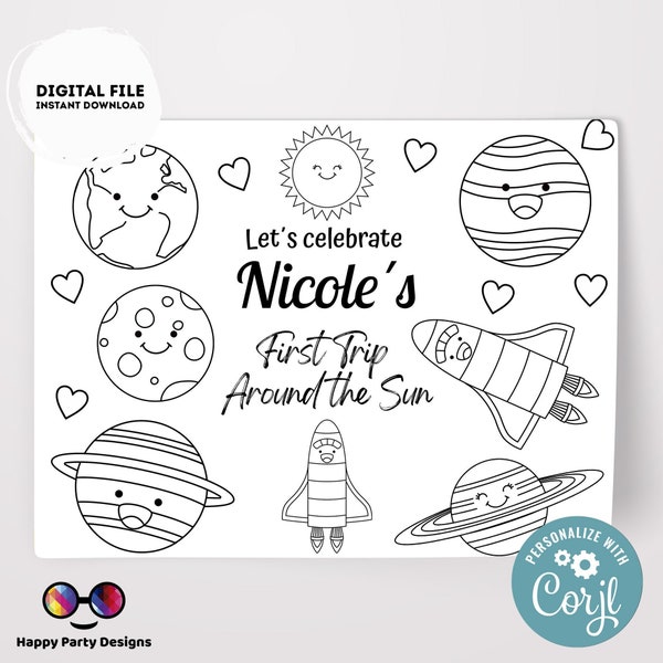 Editable first trip around the sun coloring page | Placemat coloring page | Any Age | planets | Outer Space party placemat #K57