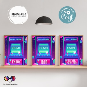 Editable Arcade Birthday Signs (3) | Neon Arcade Party | Girl birthday Decorations | Neon Birthday party  Buffet Sign | Arcade signs  #K248