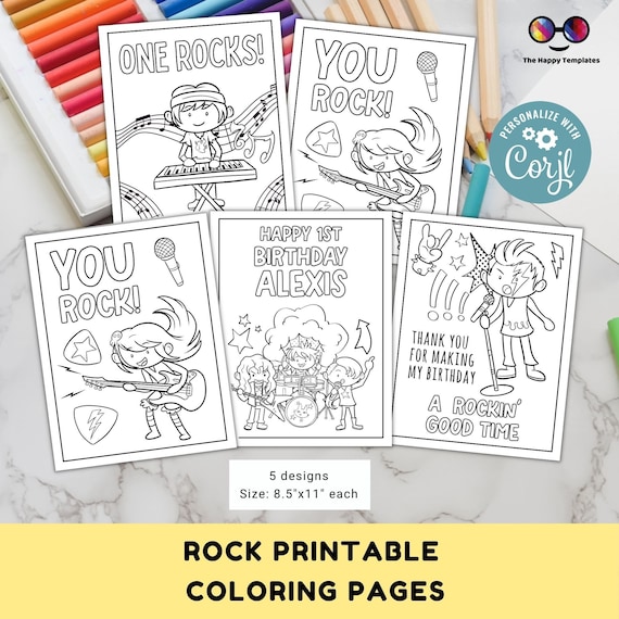 Editable Rock n roll coloring page | 5 designs | Rock and roll birthday Placemat | Any Age | Rock birthday | Game Rock 'n roll Party