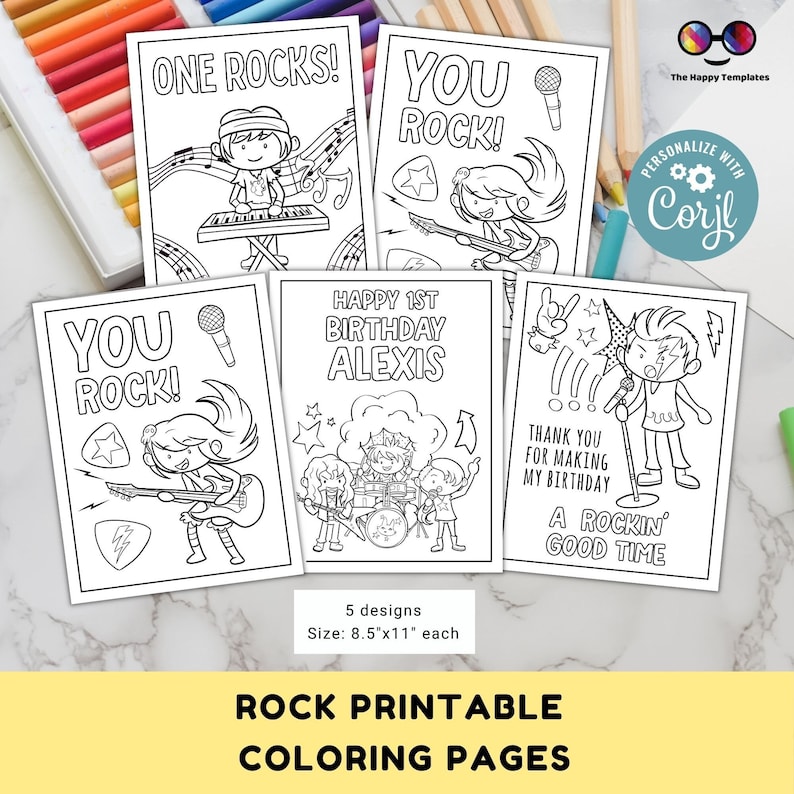 One rocks, rock and roll birthday, rock n roll party, coloring pages, editable