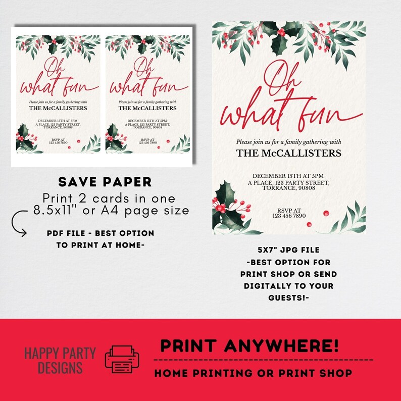 Editable Oh what fun Party Invitation | Christmas family Party printable invite | Christmas Party Invitation | Christmas Dinner invite #A34 image 4