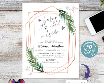 Può includere: Un invito digitale stampabile per un baby shower a tema invernale. L'invito presenta una cornice geometrica con un ramo di pino e fiocchi di neve. Il testo recita "baby it's cold outside" e include il nome Adrienne Johnston, la data e la posizione del baby shower. L'invito include anche informazioni sul registro per Target e Amazon.