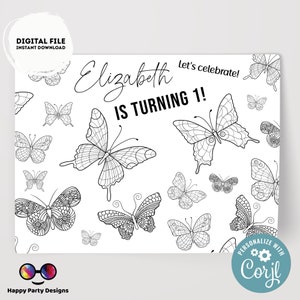 Editable Butterfly coloring Placemat | Spring Birthday | Any Age | Spring party | Butterfly Party decor | Butterfly birthday #K9