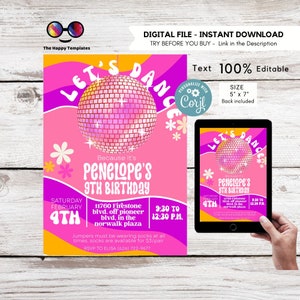 Disco Ball Birthday Invitation | Groovy Birthday Party Invitation Template | Disco Dance Theme Party | Disco Ball #K362