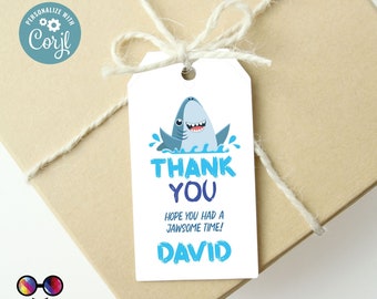 Etiqueta de favor de tiburón editable / Etiquetas de favor de cumpleaños de tiburón / Descarga de acuarela de Jawsome time / Bajo el mar / Etiqueta de regalo de fiesta en la piscina / niño #K146