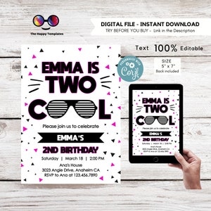 Bewerkbare twee coole verjaardagsuitnodiging | neon | Meisje Tweede Verjaardagsfeestje | Ik ben twee coole zonnebrillen | 2e verjaardagsfeestje | Online bewerken #K220