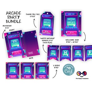 Editable Arcade Birthday Invite bundle Template | Printable Neon Arcade Party Invitations | Birthday boy  Gaming Arcade Birthday Party #K248