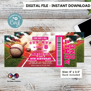 Honkbal verjaardagsuitnodiging | Honkbal uitnodiging | Honkbal verjaardagsfeestje roze ticket sportuitnodiging | Sportkaart Uitnodiging #K381