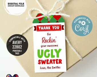 May include: A gift tag with a red and green plaid design at the top, featuring the text "THANK YOU for Rockin' your awesome UGLY SWEATER." The tag is tied to a wrapped gift with twine. Includes the text "DIGITAL FILE INSTANT DOWNLOAD."