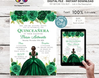 Editable Emerald green Quinceañera Invitation | Emerald princess Mis Quince 15 | 16th Birthday Instant Download | Girl Birthday #K307