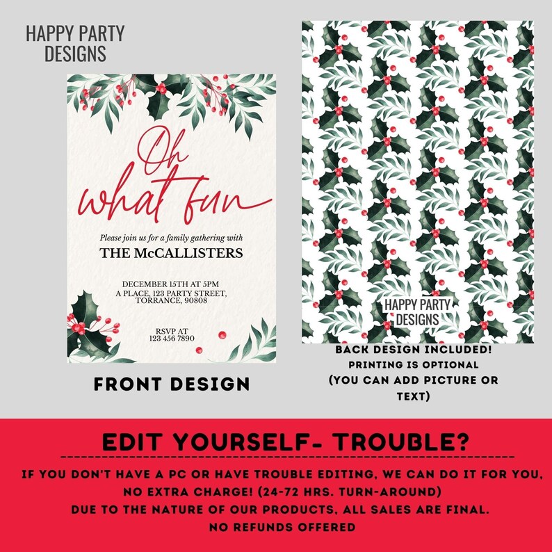 Editable Oh what fun Party Invitation | Christmas family Party printable invite | Christmas Party Invitation | Christmas Dinner invite #A34 image 3