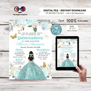Convite editável de Quinceañera do verde da hortelã de <br> Entrega Rápida? MODELO EDITÁVEL Mis Quince 15 | Download instantâneo do 16º aniversário | Vestido azul marinho #K323