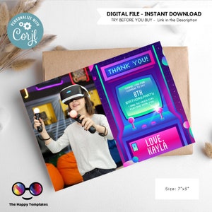 Carte de remerciement modifiable d'arcade | Soirée arcade | Fille d'anniversaire | Carte postale d'anniversaire avec photo | Rose néon | Fêtarde gamer vidéo #K248