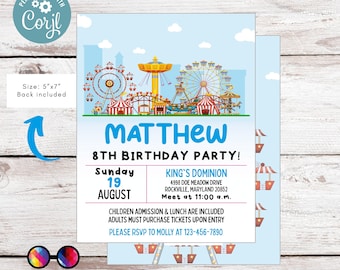 May include: A blue and white birthday invitation with a carnival theme. The invitation says "Matthew 8th Birthday Party!" and includes details about the party, including the date, time, and location. The invitation also includes a cartoon image of a carnival with a Ferris wheel, roller coaster, and other rides.
