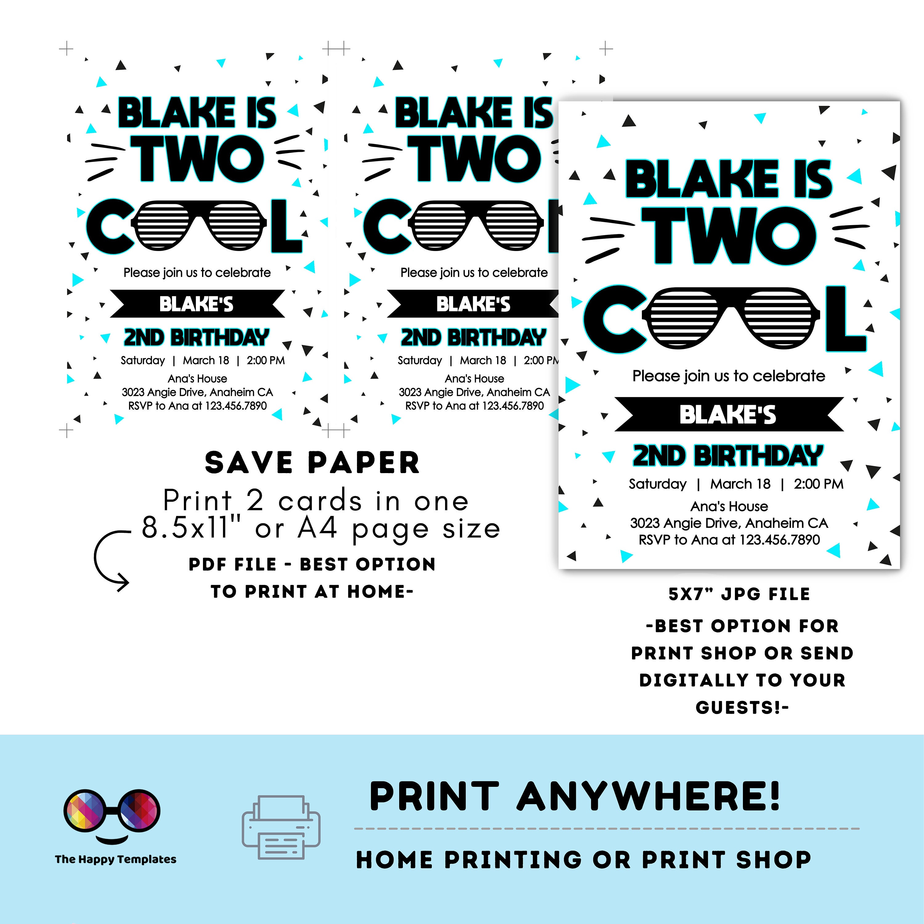 Editable Two Cool Birthday Invitation | Neon | Boy Second Birthday
