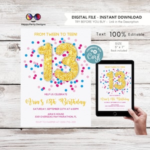 EDITABLE girl 13th birthday invitation | golden glitter Party | Birthday girl | 13th pink and teal Birthday | confetti party | fuchsia #K289