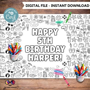 Editable Cool Dude party XL coloring Table Runner | Two cool birthday coloring page | One Happy Dude birthday | Summer | Sunglasses