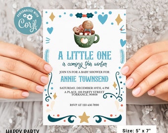 Redigerbar En liten kommer i vinter Baby Shower-inbjudan | Utskrivbar babyshower-inbjudan till jul | Baby Boy-inbjudan #B48