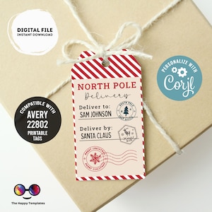 May include: Red and white striped gift tag with a North Pole Delivery design. The tag has a North Pole Post Office stamp and a Christmas Mail stamp. The text on the tag reads "North Pole Delivery", "Deliver to: Sam Johnson", and "Deliver by: Santa Claus".