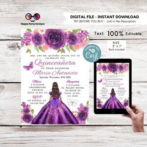 Editable PURPLE dress Quinceañera Invitation | TEMPLATE Mis Quince 15 | 16th Birthday Instant Download | Girl Birthday #K277