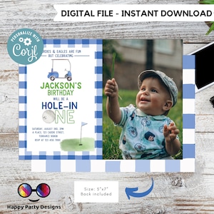 Editable Hole In One Birthday Invitation | First Birthday Invitation | Printable Golf Birthday Party Invitation Blue Golfer with photo #K177