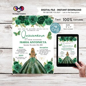 Editable Emerald green Quinceañera Invitation | EDITABLE TEMPLATE Mis Quince 15 | 16th Birthday Instant Download | Girl Birthday #K308