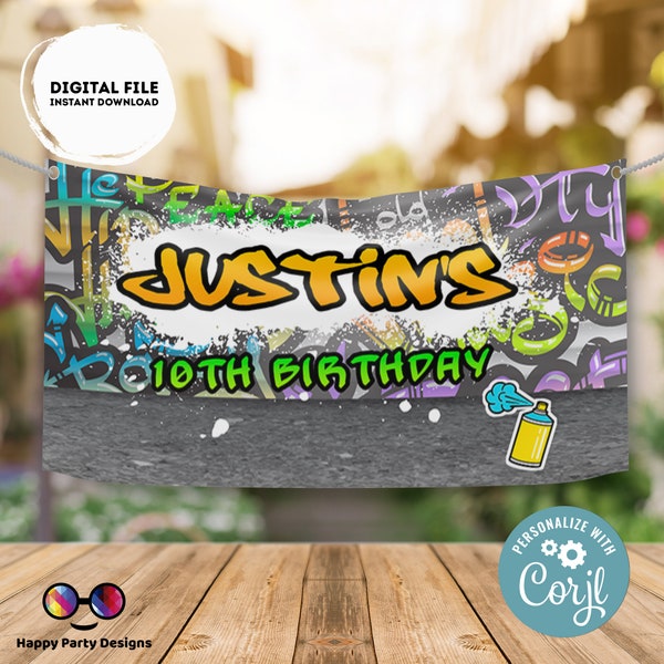 Editable Graffiti Backdrop Banner | Digital graffiti printable Backdrop Banner | Birthday Boy | Graffiti party | Personalize Online #K1