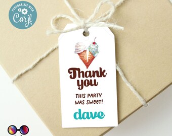 May include: A white gift tag with a watercolor ice cream cone design and the text "Thank you, This party was sweet!" and the name "dave". The tag is tied to a light brown box with twine.