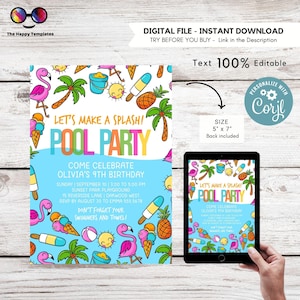 Pool party birthday invitation template | Swim party Evite | Summer Party Invitation | Let&#39;s get cool | Beach or Pool
