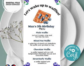 Waffle Bar Menu | Waffle menu template | Girl | waffle themed party | Party supplies | waffles and blueberries | waffle menu #K130