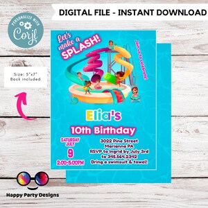editable water park birthday invitation template | let&#39;s make a splash girl waterpark party invite Pool party Invitation | | Summer #K109