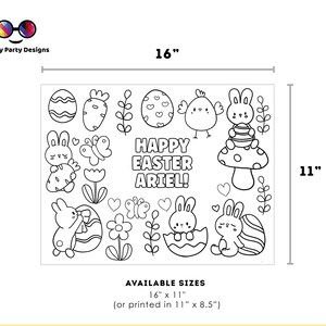 Puede incluir: P&aacute;gina para colorear imprimible en blanco y negro con un conejo sosteniendo un huevo de Pascua, un hongo con un conejo en la parte superior y el texto "&iexcl;Feliz Pascua Ariel!" La p&aacute;gina mide 16 pulgadas por 11 pulgadas.