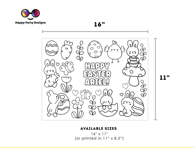 Puede incluir: P&aacute;gina para colorear imprimible en blanco y negro con un conejo sosteniendo un huevo de Pascua, un hongo con un conejo en la parte superior y el texto "&iexcl;Feliz Pascua Ariel!" La p&aacute;gina mide 16 pulgadas por 11 pulgadas.