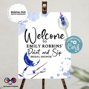 Editable Welcome Sign | paint and sip wine party Welcome Sign | birthday Decorations | Welcome Sign | wine birthday | bridal shower blue #W7