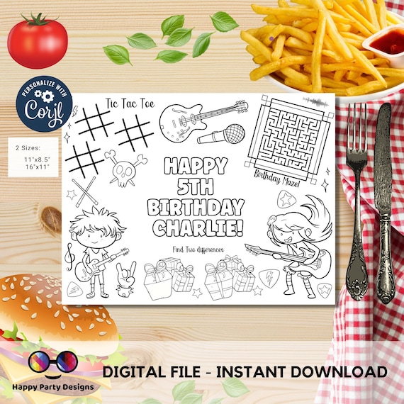 Personalized ROCK N ROLL Happy Birthday Printable Placemat 