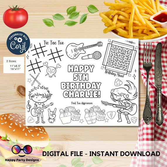 Personalized ROCK N ROLL Happy Birthday Printable Placemat 