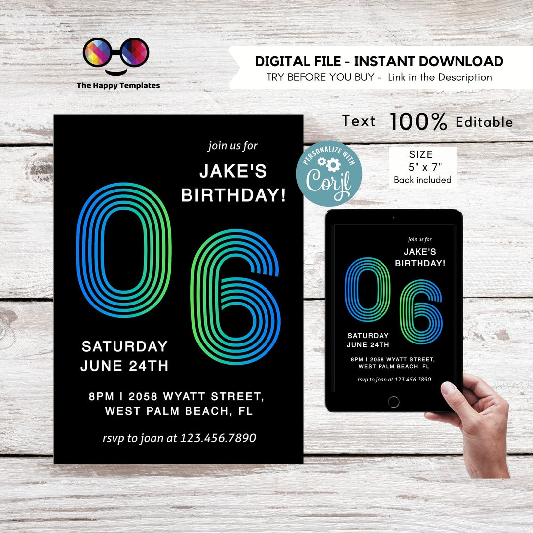 EDITABLE Boy 6th Birthday Invitation | Retro Neon Glow in the Dark ...