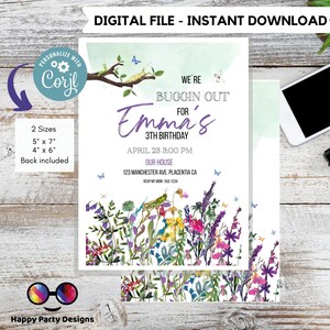 Bearbeitbare Bug Geburtstag Mädchen Einladung Insekt Party Abhören Outdoor Käfer Jagd Bugs Download druckbare Einladung Vorlage Digital Corjl #B27